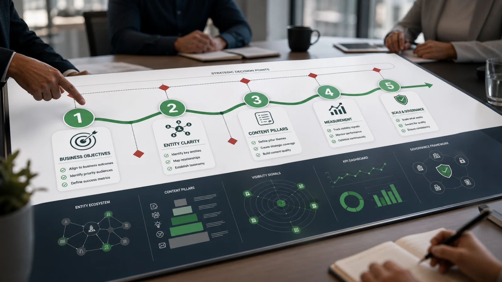 Strategy planning workspace showing AI Visibility phases, content priorities, and entity planning.